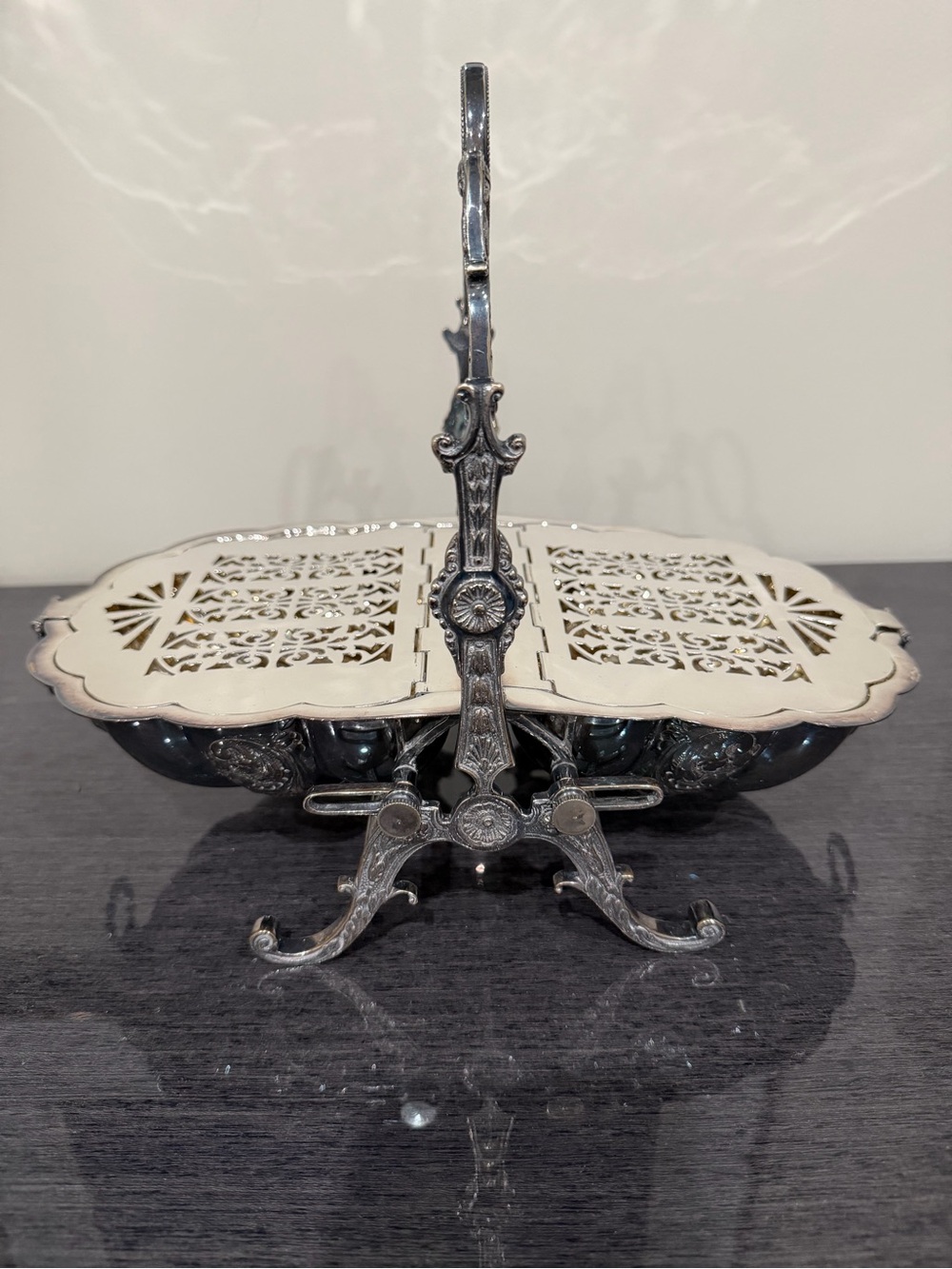Antique Clamshell Double Sliver Plated Filigree Biscuit Warmer Serving Stand